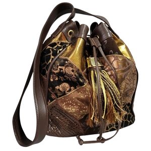 Brizzolari Bucket Shoulder Bag Brown Gold Patchwork Animal Print Drawstring Boho